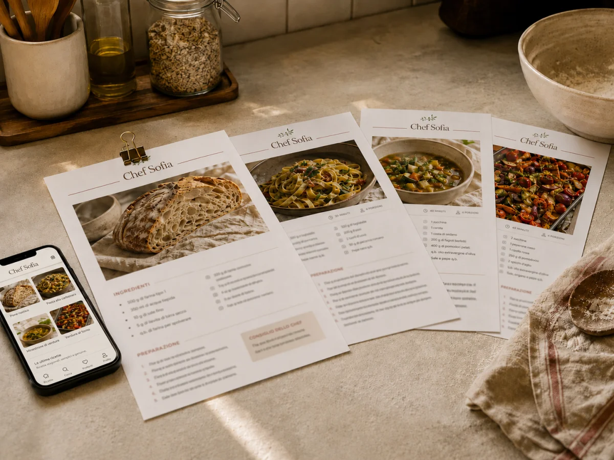 App Chef Sofia Moretti sul telefono con ricette stampate