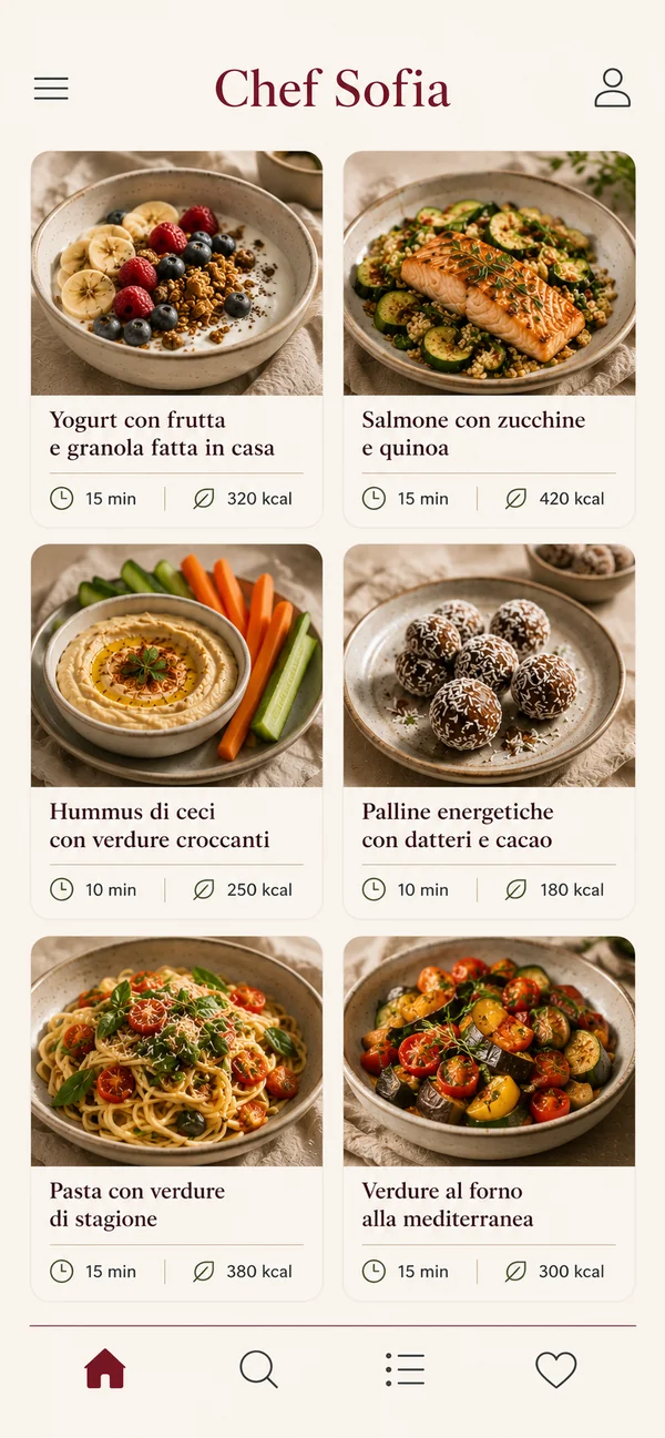 App Chef Sofia Moretti con il menu della settimana